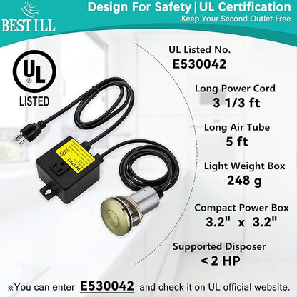 BESTILL Garbage Disposal Air Switch Kit - All Metal, UL Listed Long Push Button for Waste Disposer, Single Outlet Sink Top Solid Brass Air On/Off Button, Brushed Gold