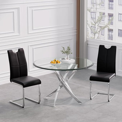 36" Round Dining Table for 4, Glass Kitchen & Dining Room Tables, Modern Circle Dining Room Table w/0.39" Tempered Glass Tabletop,Silver Finish Stainless Steel Legs for Dinner Small Space(No Chairs)