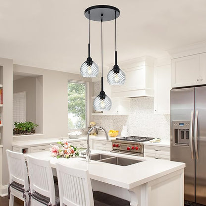 3 Light Black Cluster Pendant Light with Striped Swirl Globe Glass Pendant Lighting for Kitchen Island, Modern Dining Room Light Fixtures Over Table Hanging Ceiling Light, E26 Base