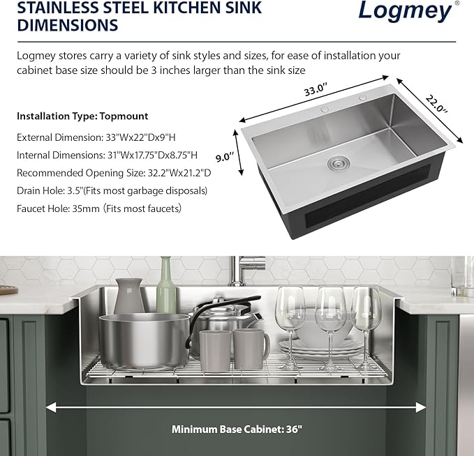 33 Inch Drop In Kitchen Sink Logmey 33x22x9 Inch Topmount Sinks 16-Gauge Stainless Steel Single Bowl Kitchen Sink
