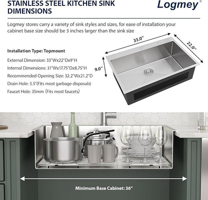 33 Inch Drop In Kitchen Sink Logmey 33x22x9 Inch Topmount Sinks 16-Gauge Stainless Steel Single Bowl Kitchen Sink