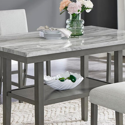 Counter Height Dining Table with Faux Marble Top and Storage Shelf for Kitchen Island Use