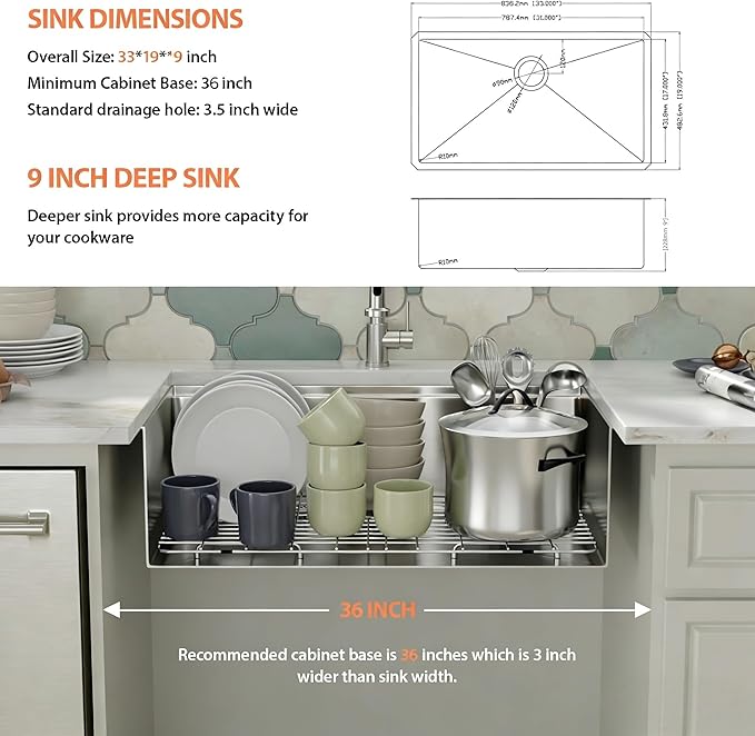 33 Undermount Sink Stainless Steel- Fuyuoer 33 Inch Kitchen Sink Workstation 16 Gauge Stainless Steel Single Bowl Round Corner Handmade Deep Basin Kitchen Sinks, 33x19x9 Inch