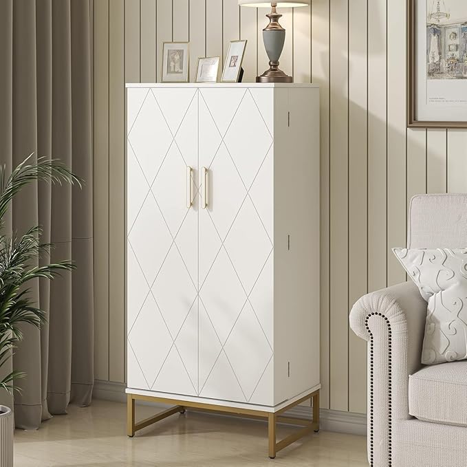 kepptory 51” Kitchen Pantry Storage Cabinet, White Freestanding Pantry Cabinets with Doors and Adjustable Shelves, Buffet Cupboards Storage Cabinet for Home Office Use, Dinning Room(White + Gold)