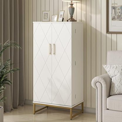 kepptory 51” Kitchen Pantry Storage Cabinet, White Freestanding Pantry Cabinets with Doors and Adjustable Shelves, Buffet Cupboards Storage Cabinet for Home Office Use, Dinning Room(White + Gold)