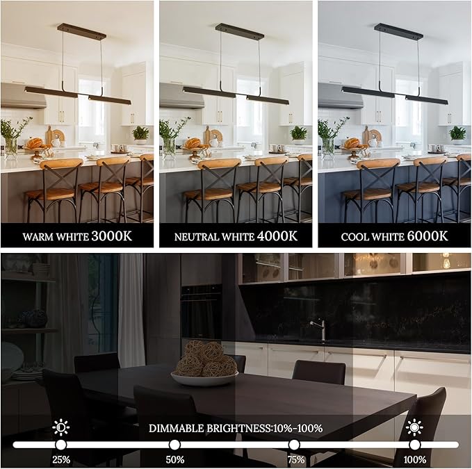 Modern Black Linear LED Pendant Light with Remote Control, 45" 16W 3-Color Temp Stepless Dimmable Island Pendant Lights, Hanging Adjustable Minimalist Pendant for Dining Room Kitchen Bar
