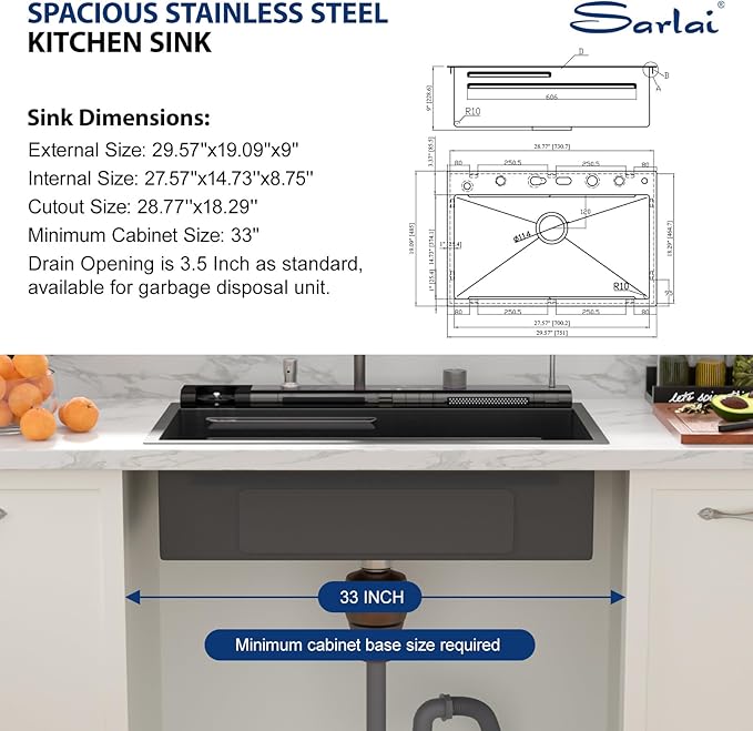 Sarlai Waterfall Kitchen Sink - 30 Inch Black Drop In Workstation Sink With Waterfall 33x19 Inch Black Stainless Steel 16 Gauge Multifunction Single Bowl Top Mount Kitchen Sinks with HoneyComb Finish
