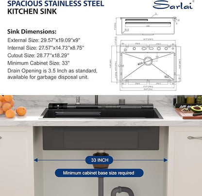 Sarlai Waterfall Kitchen Sink - 30 Inch Black Drop In Workstation Sink With Waterfall 33x19 Inch Black Stainless Steel 16 Gauge Multifunction Single Bowl Top Mount Kitchen Sinks with HoneyComb Finish