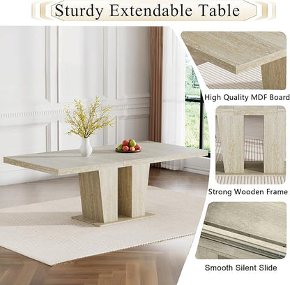 Goujxcy 5-Piece Extendable Dining Table Set for 4, 63-78 Inch Faux Travetine Kitchen Table Set with 4 Grey Upholstered Chairs Modern Wood Expandable Dining Room Table Set for Kitchen Apartment