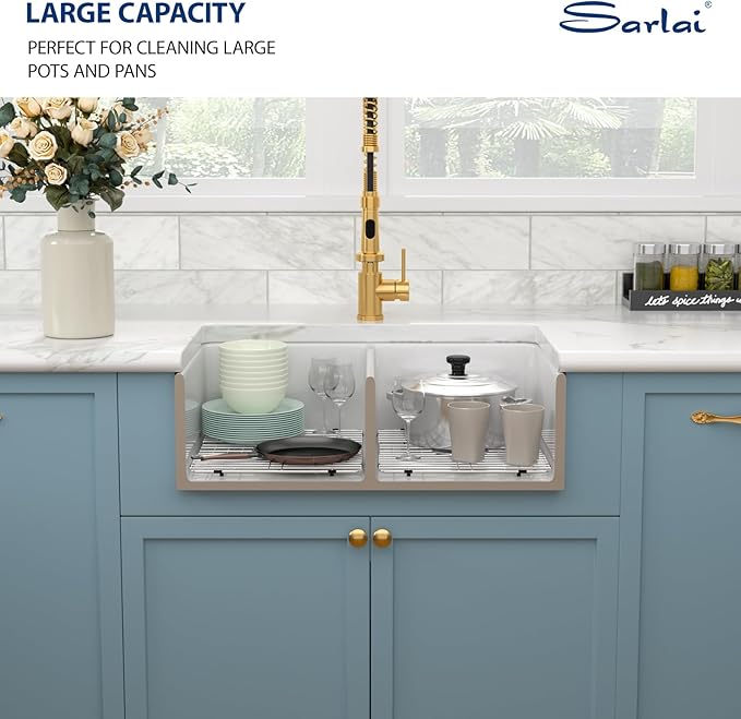 Sarlai 33 White Farmhouse Sink Double Bowl - 33x18 Inch Kitchen Sink Apron Front Double Bowl 50/50 White Porcelain Ceramic Fireclay Kitchen Farm Sinks
