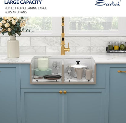 Sarlai 33 White Farmhouse Sink Double Bowl - 33x18 Inch Kitchen Sink Apron Front Double Bowl 50/50 White Porcelain Ceramic Fireclay Kitchen Farm Sinks