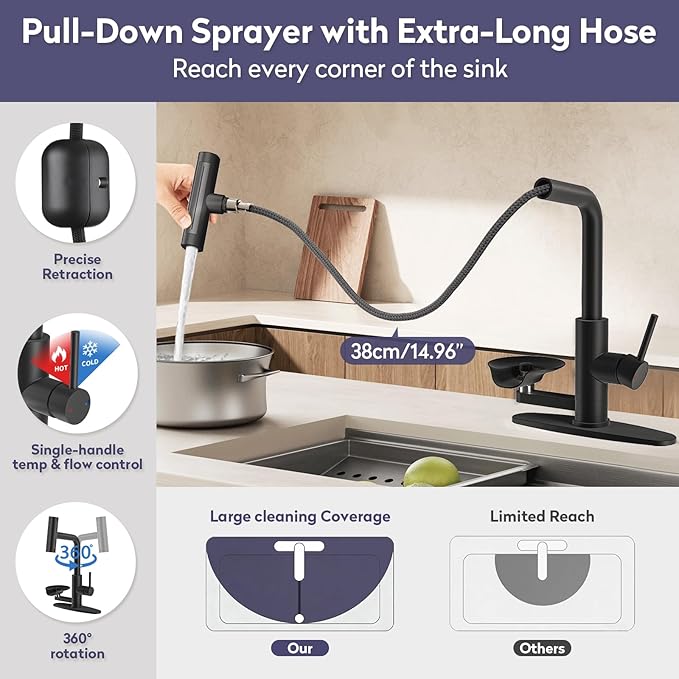 HOWUWEY Kitchen Faucet with Pull Down Sprayer & Cup Washer, Glass Rinser Faucet for Kitchen Sink, Single Handle Waterfall 1 or 3 Hole Tap for Bar Sink Farmhouse Camper Laundry Rv (Black)