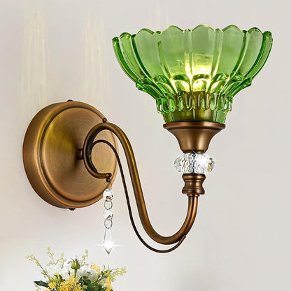 1 Piece Vintage Wall Sconce, 1-Light Matte Antique Brass Finish Wall Sconce with Hanging Crystal Accents and Flower-Shaped Green Shades for Bathroom Bedroom Living Room,Vintage Vanity Light