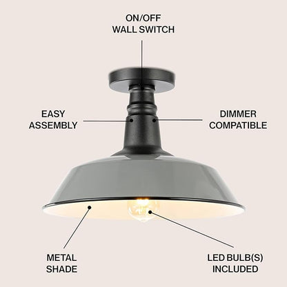 JONATHAN Y 14" Gray/Black 1-Light Industrial LED Semi Flush Mount Ceiling Light for Porch, Kitchen, Entryway, Modern Farmhouse Iron Fixture, White Metal Shade, LED Bulb Included (JYL7617D)
