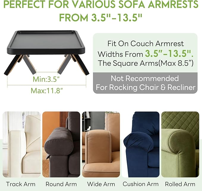 SINWANT Couch Arm Table,Bamboo Couch Arm Tray for Armrest,13.78" Sofa Clip on Tray Table for Home Living Room Snack & Drink Remote