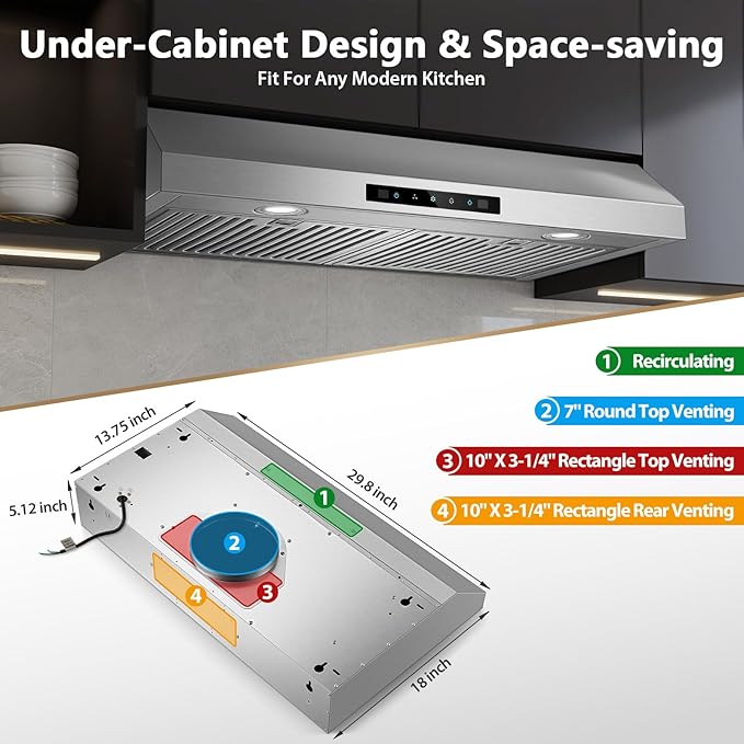 Range Hood 30 inch Under Cabinet, 800 CFM Stainless Steel Range Hood with Gesture and Touch Control, kitchen hood with Carbon Filter, 3 Fan Speed, Ducted/Ductless Convertible