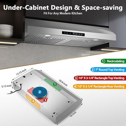 Range Hood 30 inch Under Cabinet, 800 CFM Stainless Steel Range Hood with Gesture and Touch Control, kitchen hood with Carbon Filter, 3 Fan Speed, Ducted/Ductless Convertible