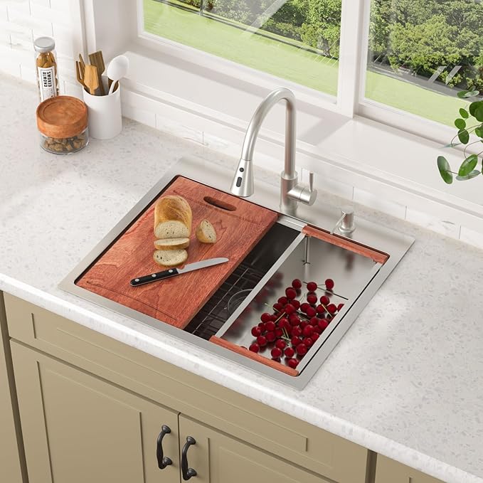 Lordear 25 Inch Drop In Kitchen Sink with Faucet 16 Gauge Stainless Steel Single Bowl 25x22x9 Topmount Kitchen Sink Workstation Sinks with Soap Dispenser