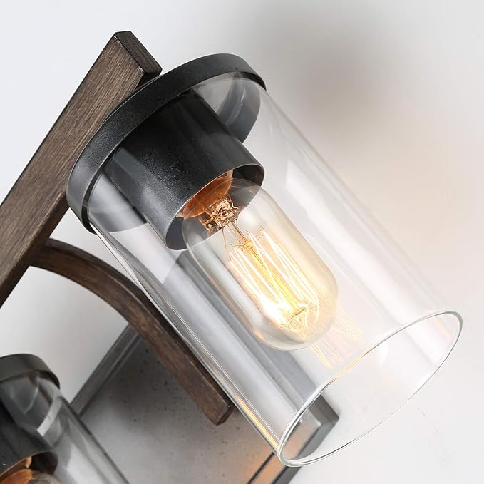 LALUZ Bathroom Vanity Light Fixtures, 3-Light Farmhouse Vanity Light with Clear Glass Shades, Faux Wood, 20’’ L x 6.3’’ W x 8.7’’ H