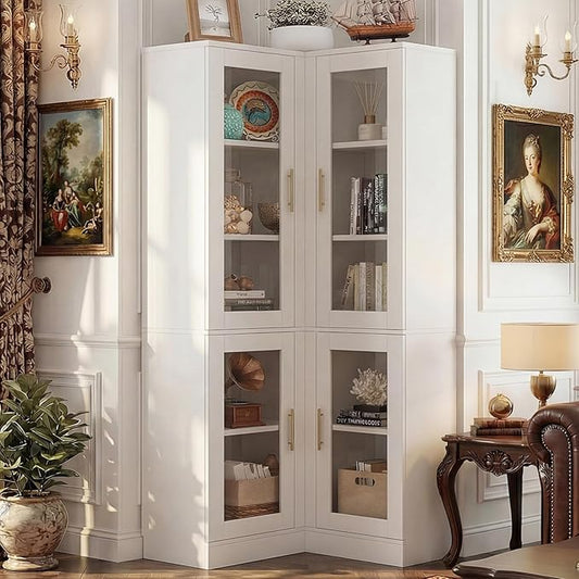 Armocity Corner Bookcase with Doors, 70" Tall Corner Bookshelf Cabinet with LED Lights, 6-Tier Corner Book Shelf for Home Office, Living Room, White