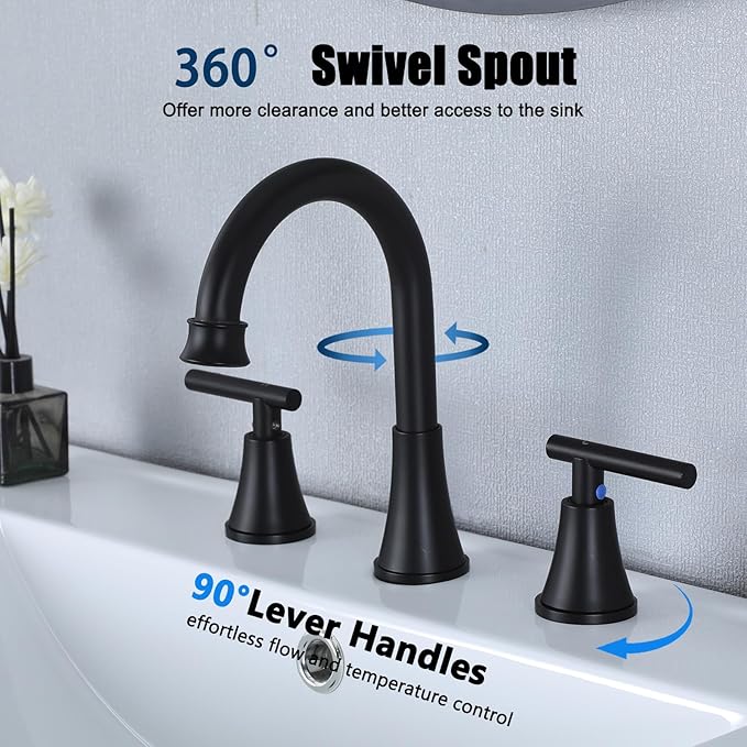 HOTIS Black Bathroom Faucet 3 Hole, 2 Handle 360° Swivel Matte Black 8 Inch Widespread Bathroom Sink Faucet, Lavatory Sink Faucet with Pop-up Drain and Supply Lines, HT-MC-032B