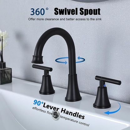 HOTIS Black Bathroom Faucet 3 Hole, 2 Handle 360° Swivel Matte Black 8 Inch Widespread Bathroom Sink Faucet, Lavatory Sink Faucet with Pop-up Drain and Supply Lines, HT-MC-032B