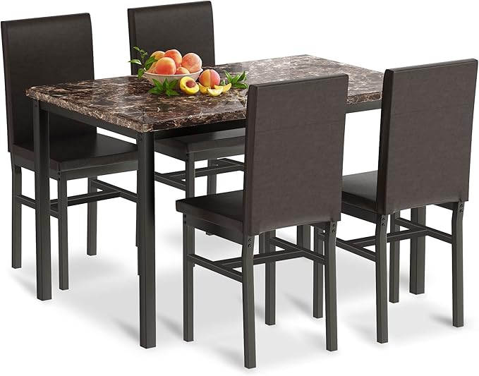 tantohom Dining Table Set for 4, Space Saving Kitchen Table and Chairs Set of 4, 5 Piece Modern Dining Room Table Set with Faux Marble Top and PU Leather Chairs for Small Space, Apartment