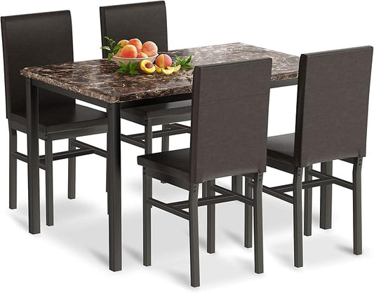 tantohom Dining Table Set for 4, Space Saving Kitchen Table and Chairs Set of 4, 5 Piece Modern Dining Room Table Set with Faux Marble Top and PU Leather Chairs for Small Space, Apartment