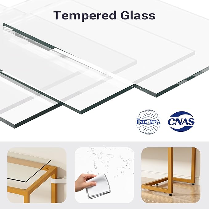 Furnify Console Sofa Table, 52" Modern Entryway Table, 2-Tier Open Shelf with Tempered Glass, Metal Frame Behind Couch Table with Gold Metal Frame for Living Room Hallway Entrance, White