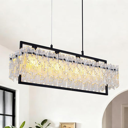 MantoLite Dining Room Light Fixture Modern Rectangle Golde Crystal 4-Light Chandeliers for Dining Room 25" Linear Farmhouse Lighting Fixture for Kitchen Island Light Living Room