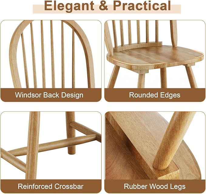 Safeplus 18" Oak Dining Chairs Set of 4, Wood Windsor Chair with Spindle Back for Country Farmhouse Kitchen Island