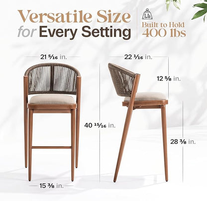 IDZO 400lbs Capacity Modern Rope Bar Stools Set of 2, 28 Inches Bar Height Stools with Comfortable Cushions, Aluminum Base and Ergonomic Curved Backrest, Easy Assembly for Indoor and Outdoor Use