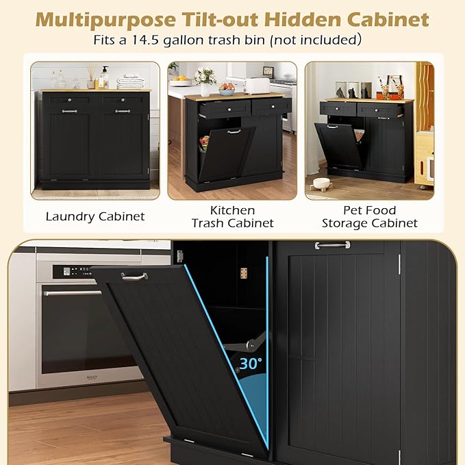 Giantex Tilt Out Trash Can Cabinet, Kitchen Island Table w/Solid Wood Top, 2 Drawers, Adjustable Shelf for Hidden Laundry Hamper, Pet Proof Garbage Can for Dining Living Room (Black, 14.5 Gal)