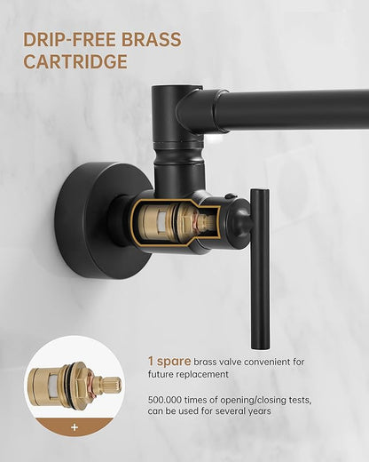 Fransiton Pot Filler, Matte Black Pot Filler Faucet Wall Mount, Brass Folding Stretchable with Double Joint Swing Arm Single Hole Two Handles Kitchen
