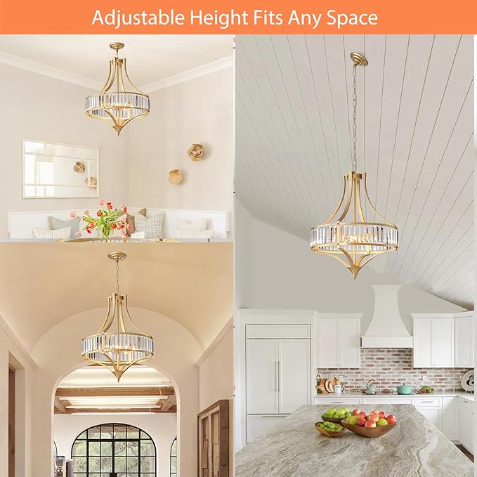 21.6" Gold Crystal Chandeliers Modern Vintage Chandelier with Round Metal Shade Art Deco 6-Light Large Dining Room Light Fixture for Kitchen, Dining Room, Hallway, Bedroom, Foyer