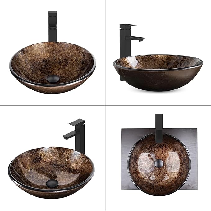 Bathroom Artistic Vessel Sink, Tempered Glass Vanity Round Bowl with Black Faucet and Pop up drain Set, Brown