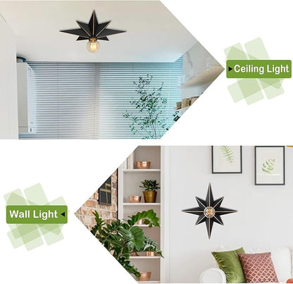 16 inch Flush Mount Ceiling Light, Industrial Black Metal Star Ceiling Lights, Vintage Entryway Light Fixtures, Farmhouse Star Lighting for Hallway, Porch, Study, Bedroom, Stair, Kitchen, Bathroom