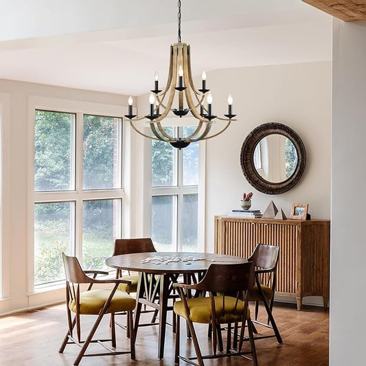 LAMPKEDUO Farmhouse Chandeliers for Dining Room Light Fixture, 9-Light 31" Adjustable Height Retro Faux Wood Texture Rustic Light Fixtures for Living Room Bedroom Kitchen Island Foyer Entryway