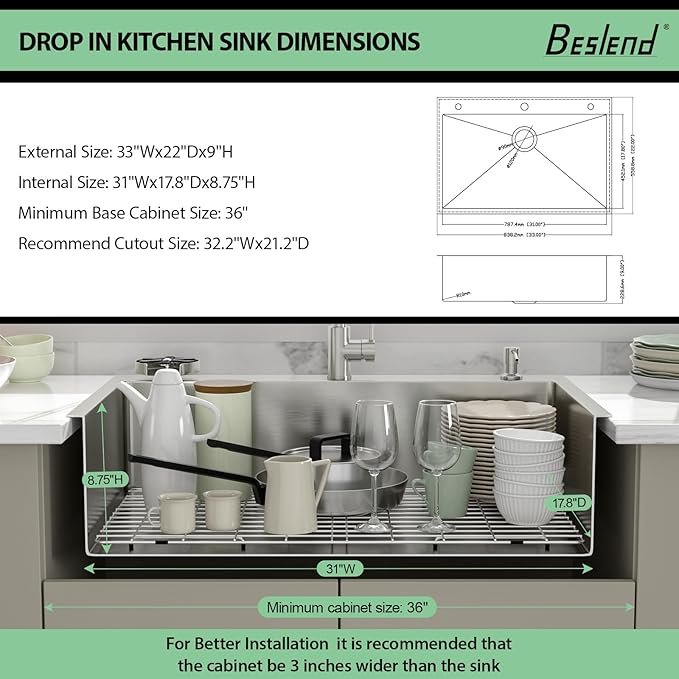 33 Drop In Kitchen Sink - Beslend 33x22 Kitchen Sink Drop In with Pull-Out Faucet, Stainless Steel Sinks and Soap Dispenser Topmount 16 Gauge Single Bowl Above Counter Dish Basin 9" Deep