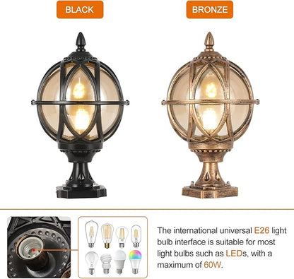 Outdoor Post Light Fixture, E26 Base 60W Max Column Lights with Black Aluminum Housing Plus Amber Glass IP55 Waterproof Exterior Pillar Lantern for Driveway Yard Lawn Patio Garden