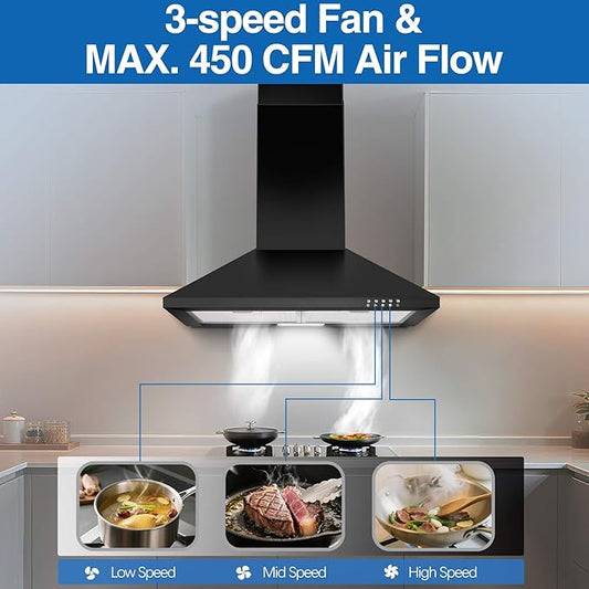 SNDOAS Range Hood 24 inch, 450 CFM Black Range Hood Wall Mount, Ducted/Ductless Convertible Kitchen Vent Hood, Chimney-Style Hood Vents for Kitchen with 3-speed, Push Button & Mesh Filters