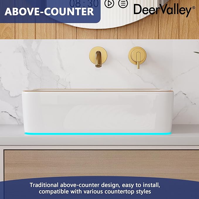 DeerValley 19x15 Inch Rectangular Vessel Sink, White Ceramic Bathroom Sink with Gold Trim, Above Counter Modern Basin, DV-1V0365