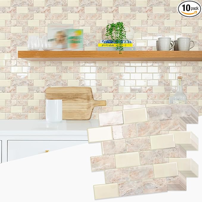 STICKGOO 10-Sheet Subway Tiles Peel and Stick Backsplash, Brown Marble Look Stick on Tiles Kitchen Backsplash (Thicker Design)