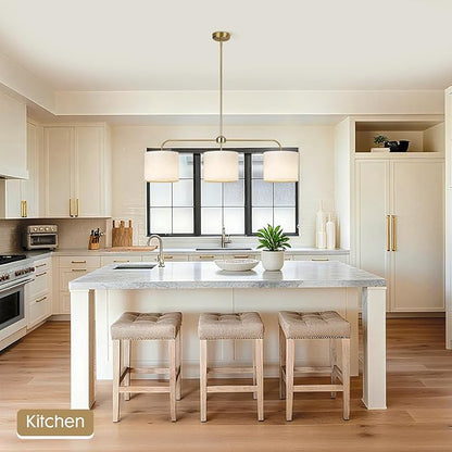3 Light Gold Linear Chandelier with Linen Beige Drum Shades,Modern Pendant Light Fixture for Kitchen Island,Dining Room,Living Room,Mid-Century Ceiling Light Fixture,Adjustable Height Island Light