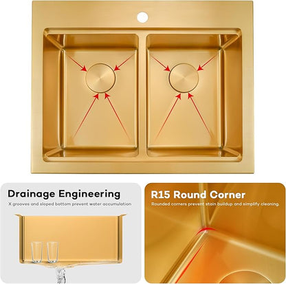 MILOSEN 28 Inch Gold Double Bowl Kitchen Sink, Gold Drop in 16 Gauge T304 Stainless Steel Sinks, Workstation Sink 50/50 Topmount Double Basin with Accessories, 10'' Deep Laundry Outdoor Sinks