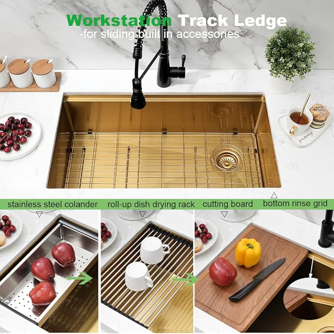 Gold Kitchen Sink Undermount, 33 x 19 Inch Gold Undermount Kitchen Sink Workstation Single Bowl 16 Gauge Stainless Steel Sink with Drain