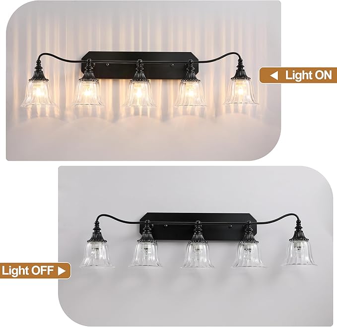 LmnLvn Bathroom Vanity Black Vintage Light Fixture, 5 Lights Bathroom Lighting Matte Antique Brass Finish with Crystal Glass Shade, Black Vintage Vanity Light