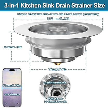 Kitchen Sink Drain Strainer for 3-1/2 Inch Drain Hole, 3-in-1 304 Stainless Steel Pop-Up Sink Strainer and Stopper with Anti-Clog Filter Basket & Food Catcher (Silver, 1 Pack)