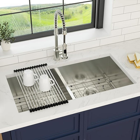 36 Inch Undermount Double Bowl Kitchen Sink 16 Gague 304 Stainless Steel Double Handmade Sinks 50/50 Large Deep Double Bowl Sinks 36"x19"x10"
