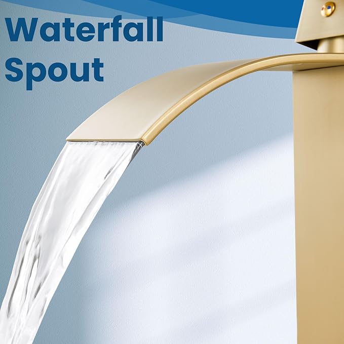 Airuida Brushed Gold Waterfall Spout Single Handle Bathroom Sink Faucet Single Hole Rv Lavatory Vanity Vessel Faucet Basin Mixer Tap with Deck Plate Supply Hoses 1 Hole or 3 Hole